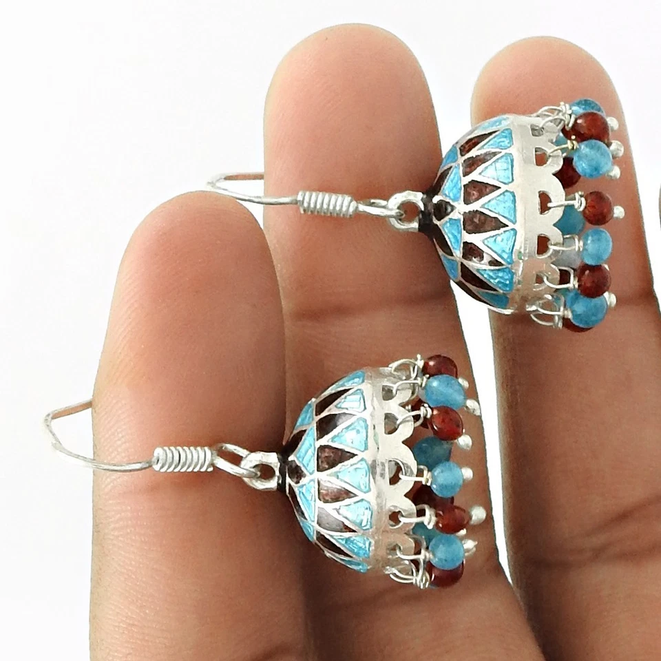 Blue Topaz Turquoise Dangle Enamel Jhumki Christmas Gift Earrings 925 Silver - Image 3 of 4