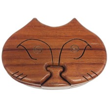 Vintage Wooden Cat Kitten Head Puzzle Box