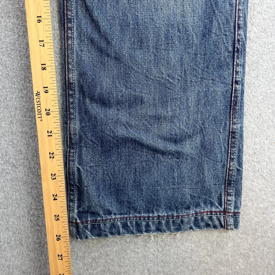 Pantalones de mezclilla antiguos para hombre 34 azul desgastado pierna recta bordado botón mosca Foto 3 de 4