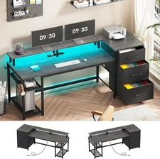 Reversible Computer Desk with File Drawers, Storage &LED Light, Home Office Desk