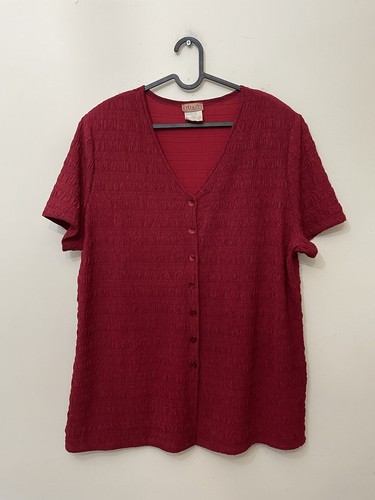Kim Co blouse red short sleeve button v-neck ruffled stretchy formal size 2XL - Picture 2 of 10