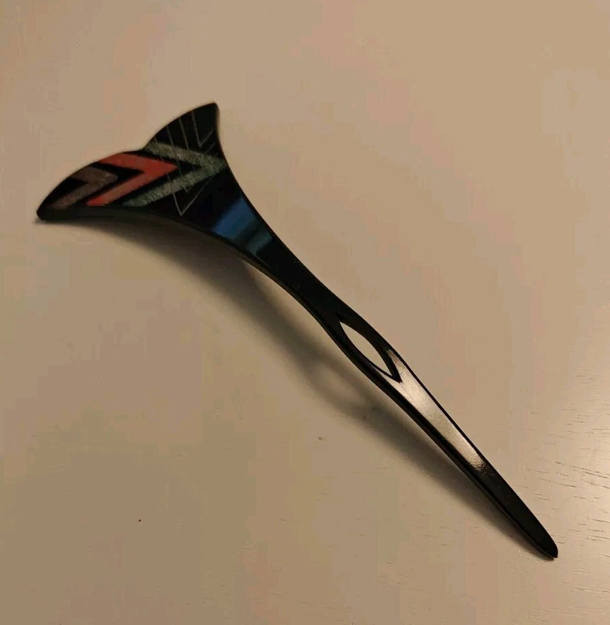 Bastão de cabelo japonês Kanzashi acrílico preto vintage com ouro verde vermelho Maki-e - Imagem 3 de 4