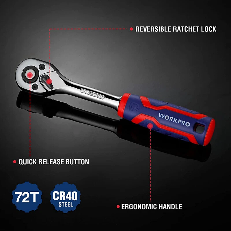 WORKPRO 3PCS Reversible Ratchet Set 1/4" 3/8" 1/2" Quick-Release Ratchet Wrench - Image 4 of 4