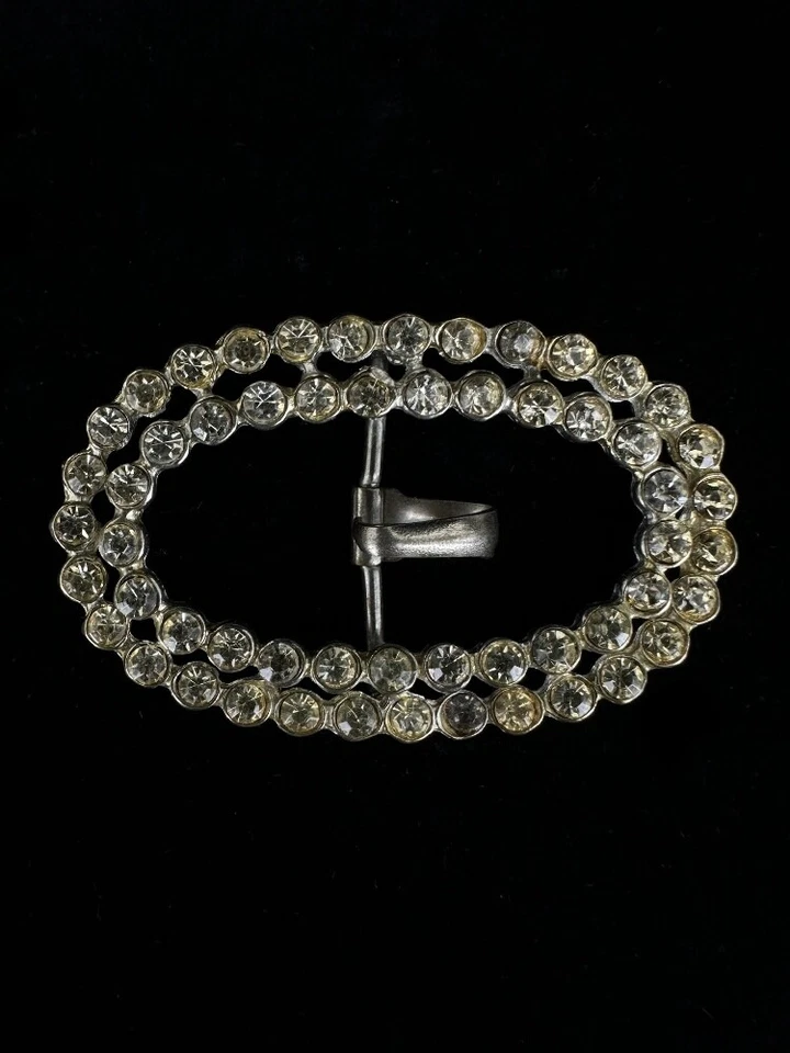 Antique Géorgien Plaqué Argent Strass Pâte Riveté Arrière Ovale Boucle Ceinture - Photo 1/4
