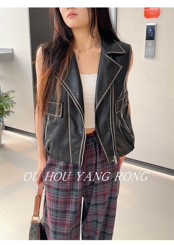 Retro Style Womens Lapel Collar Sleeveless Zipper Short Coat Jacket Leather Vest - Picture 11 of 21