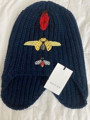 Gucci Cusco Insect Embroidered Navy Blue Beanie Unisex Wool Knit Hat Size M