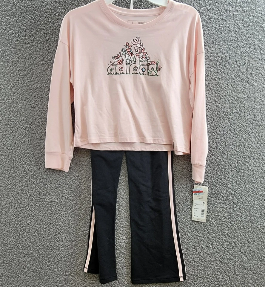 adidas Long-Sleeve T-Shirt & Flare Pants Set Little Girls' 6 Pink/Black Pullover - Image 2 of 4