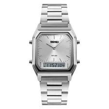 Silver Mens Watch Classic Retro Dual Time Digital with Alarm and Date