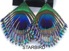 PEACOCK FEATHER BEADED EARRINGS AURORA BOREALIS 80's VINTAGE