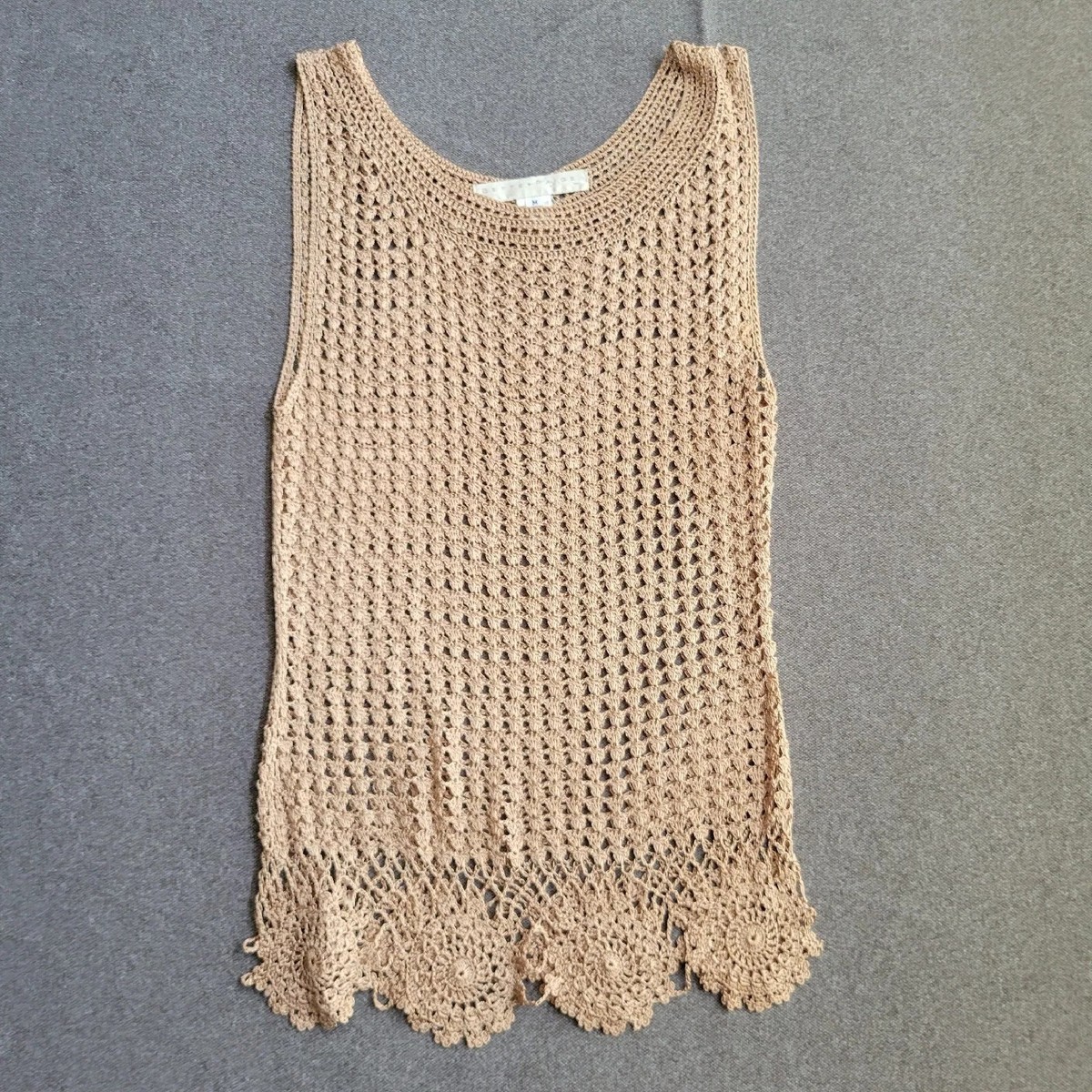 Bette Pagie M Tan Sleeveless Crochet Top Boho Bohemian Festival