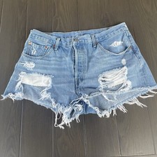 Levi 501 Jean Shorts Womens 32 Blue Denim Raw Hem Cutoffs Distressed Daisy Duke