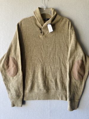 Cremieux Collection Men s Sweater M Med Beige Toggle Elbow Patch Wrap Neck 2427