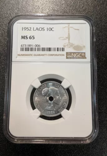 1952 MS65 Laos 10 Cents NGC UNC KM 4 Single Year Type Coin only 2 Graded higher