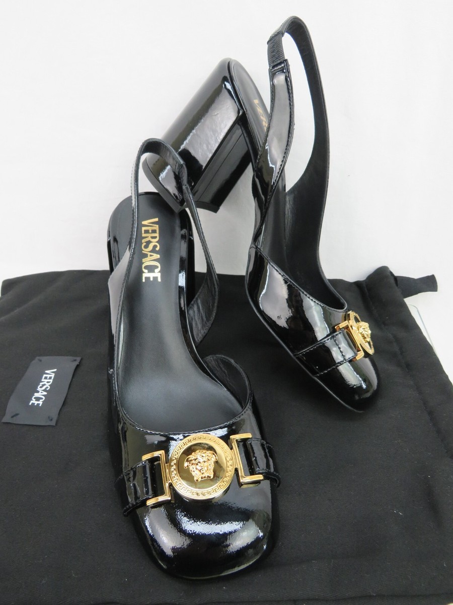 NIB VERSACE BLACK PATENT LEATHER GOLD MEDUSA LOGO SANDALS