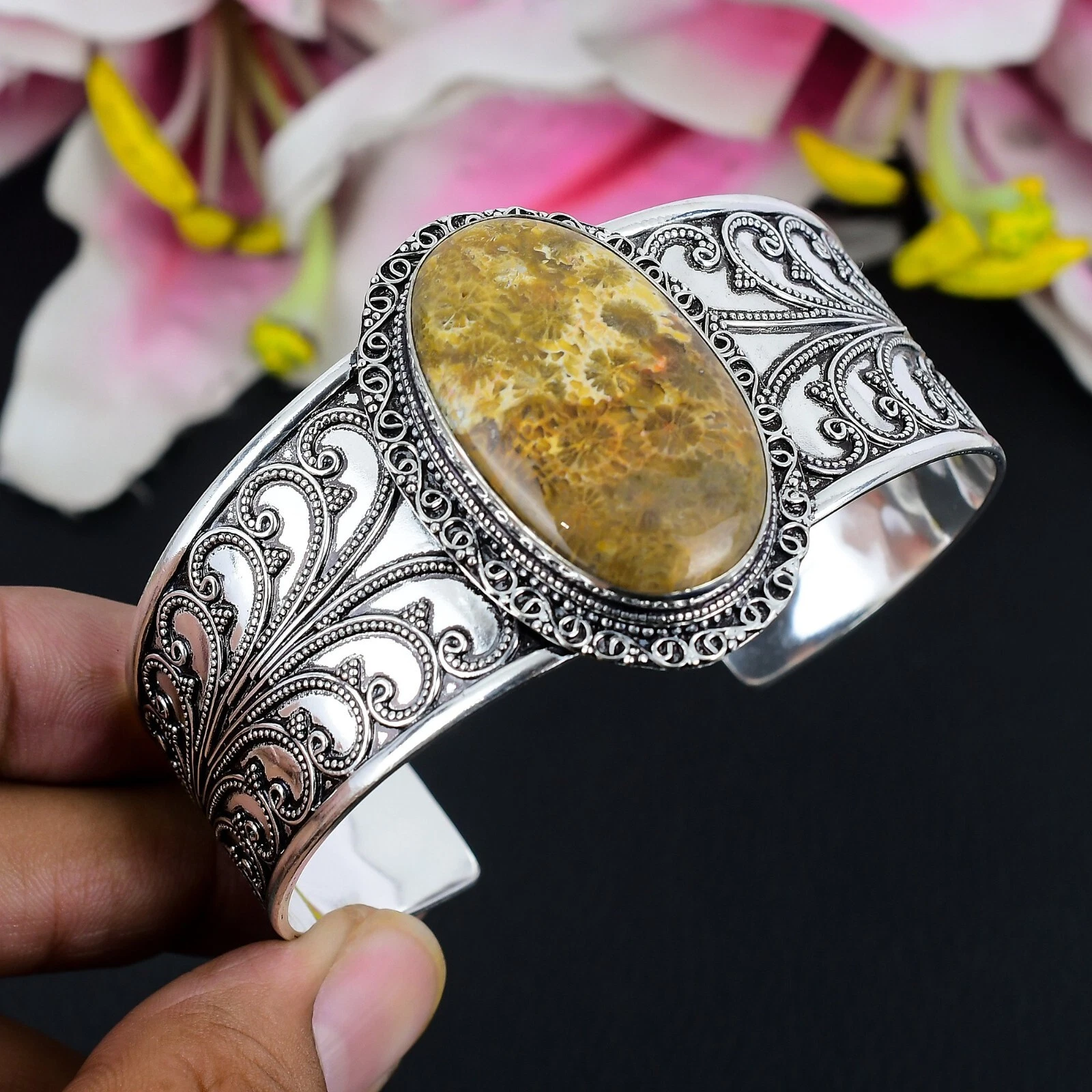 VALENTINO Bracciale Argento Sterling 925 Pietra Preziosa Corallo Fossile Fatto a Mano