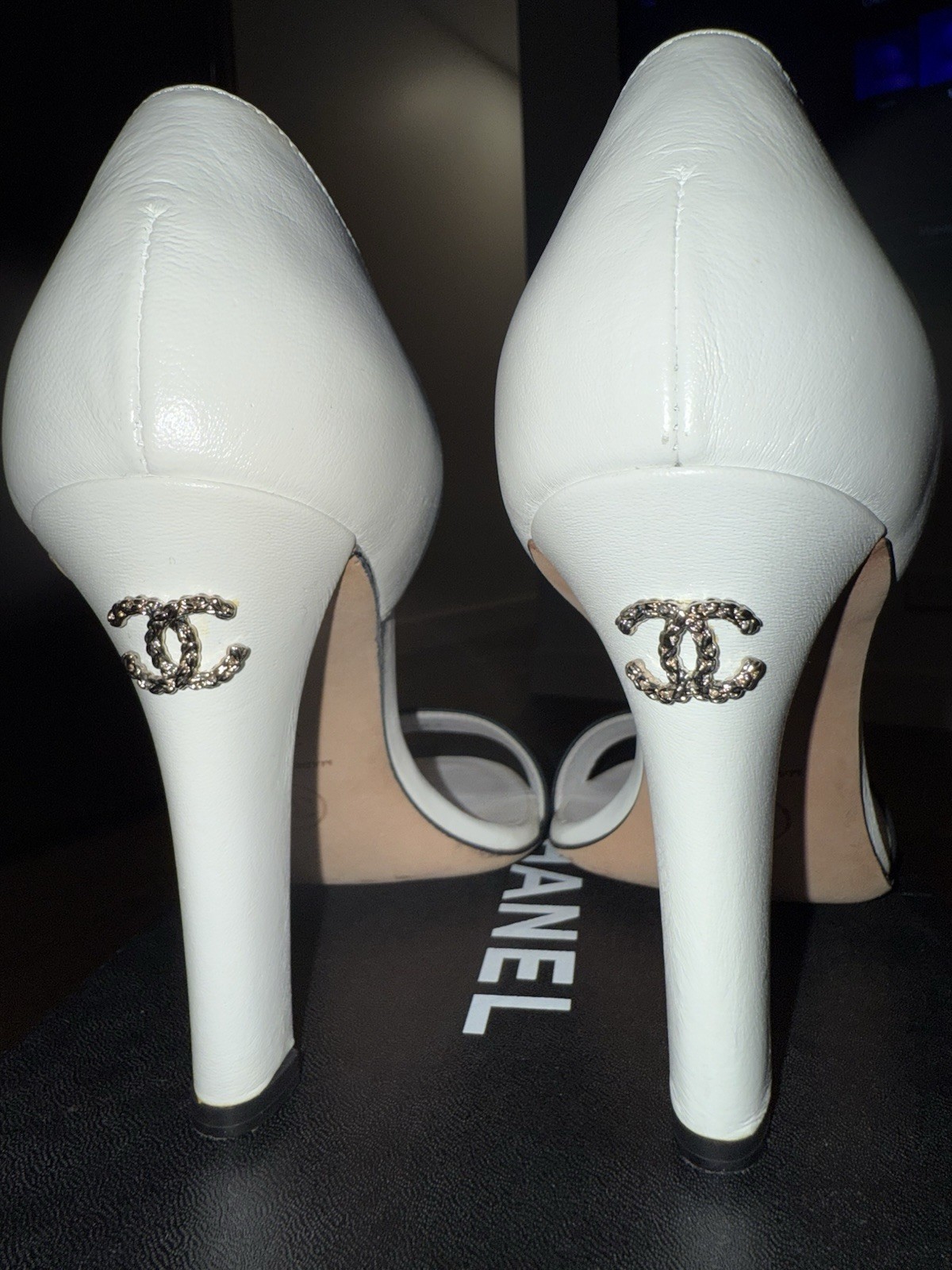 Chanel 15P Silver Black Ankle Strap Heel Sandals Size 37-image