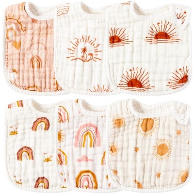 6Pcs Snap Muslin Cotton Bibs for Baby Rainbow Sun Star Adjustable Feeding Bib...