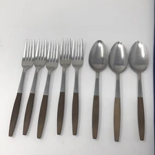 VTG Interpur Stainless Steel Flatware Japan Wood Grain Handles  MCM-8 Pieces