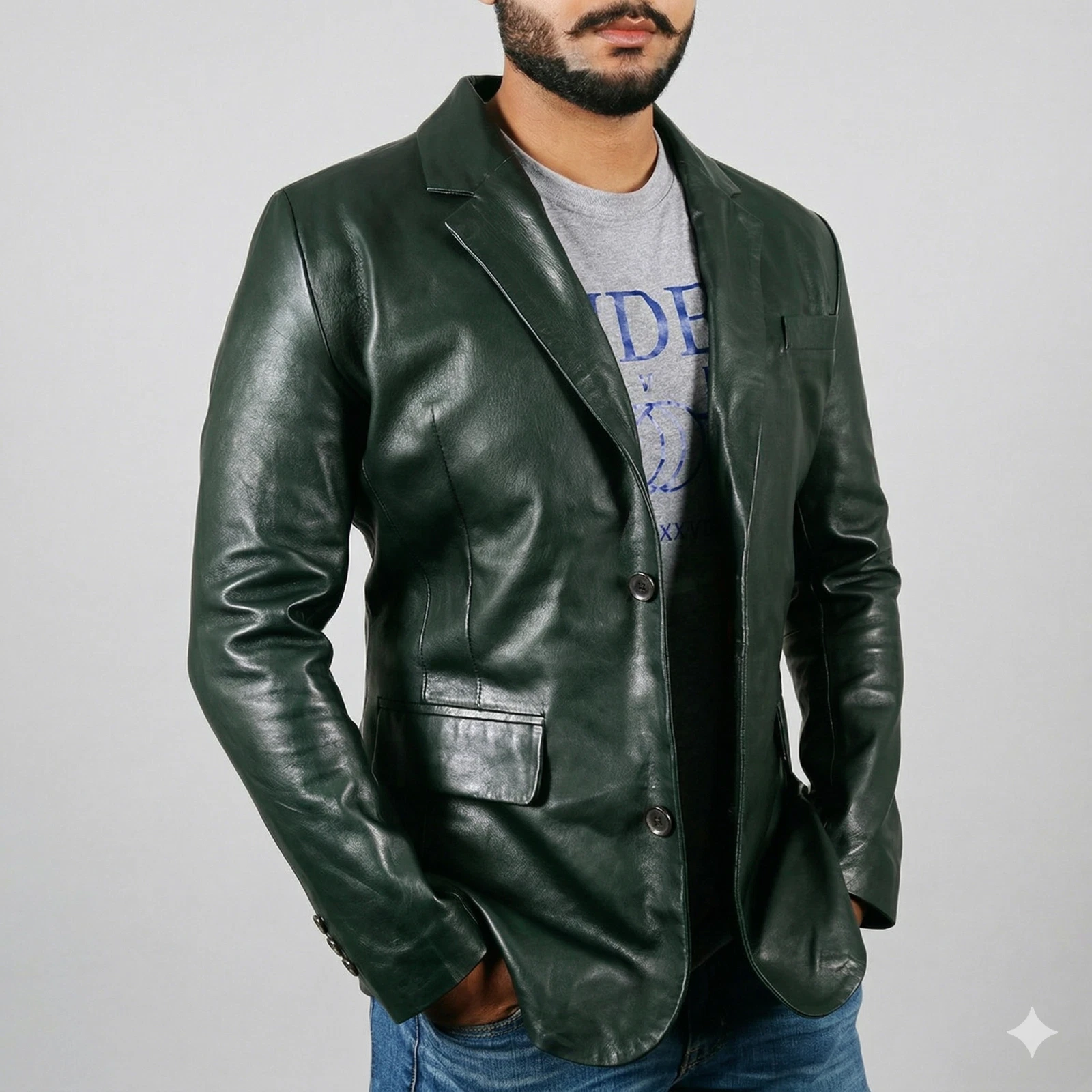 New Men's Dark Green Genuine Lambskin Leather Two Button Blazer Coat Blazer