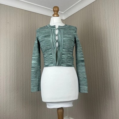 Sandro Metallic Knit Melange Pointelle Cropped Cardigan Green Size 1 UK 8
