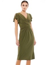 Mac Duggal Leena Olive Green Midi Dress Womens 2 Surplice Neck Flounce Sleeve