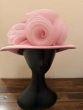 Pink Church Derby Hat Large Mesh Rosette Wide Brim Tea Party Occasion Hat
