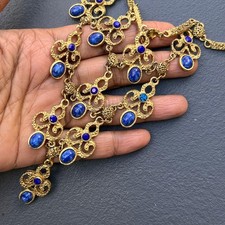 Vintage Victorian Revival Statement necklace . Gold Tone pendant Bib Necklace .