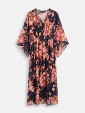 Curations Women’s Floral Chiffon Midi Dress Size Large Ruffle V-Neck Boho Flowy