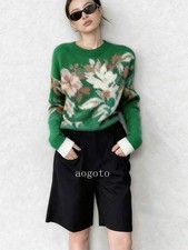 New Chinese Style Women's Sweater Knitted Top Green Floral Long Sleeve Sweater