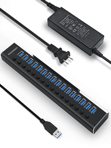 Powered USB Hub 16 Ports 96W USB 3.0 Data Hub Aluminum USB Hub 3.0 Splitter w...