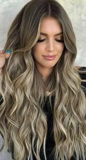 Real Human Hair New Fashion Women's Long Natural Brown Mix Blond Wavy Wigs 24 In