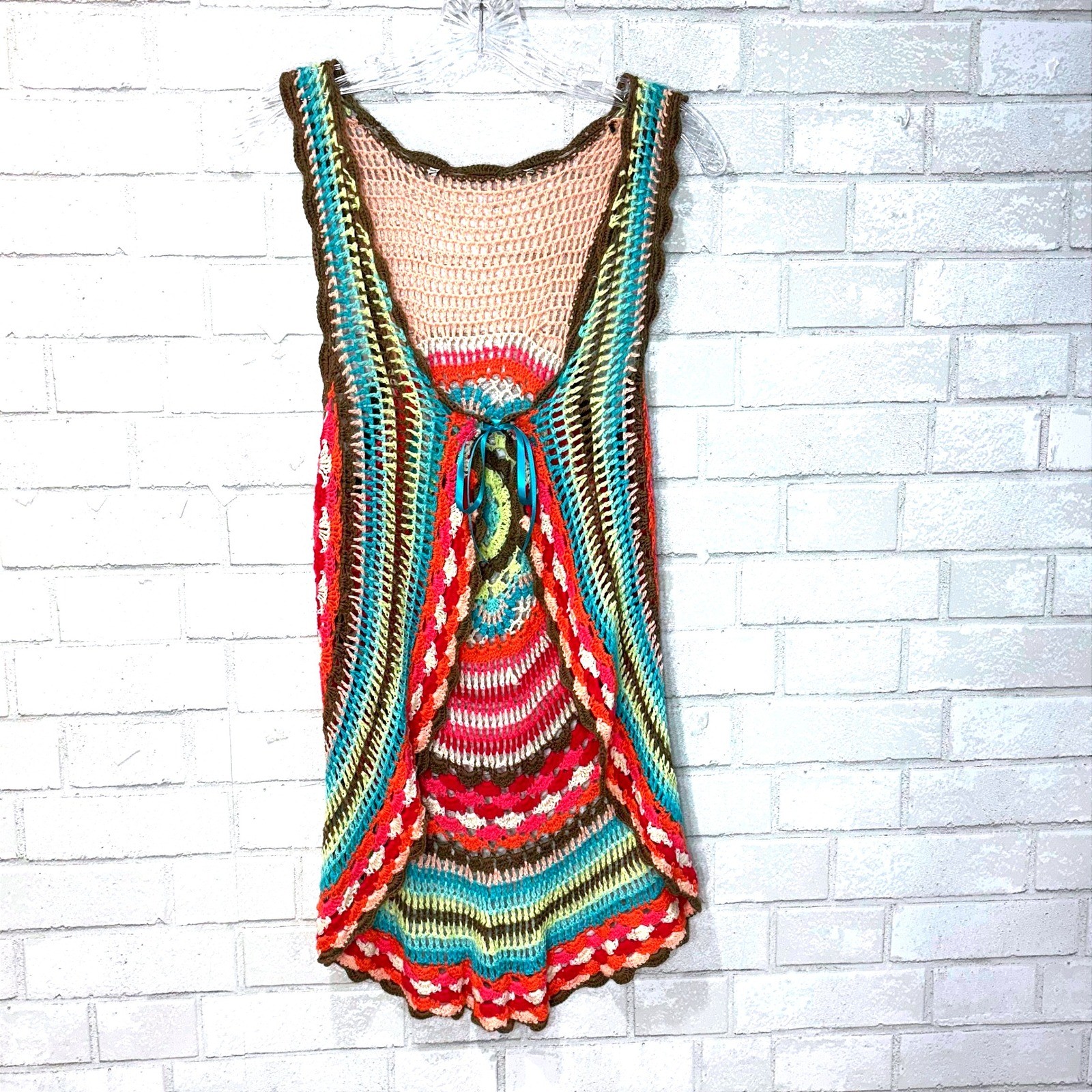 Handmade Crochet Tie-Front Cardigan Vest Small Cottage Boho Hippie Granny 70s