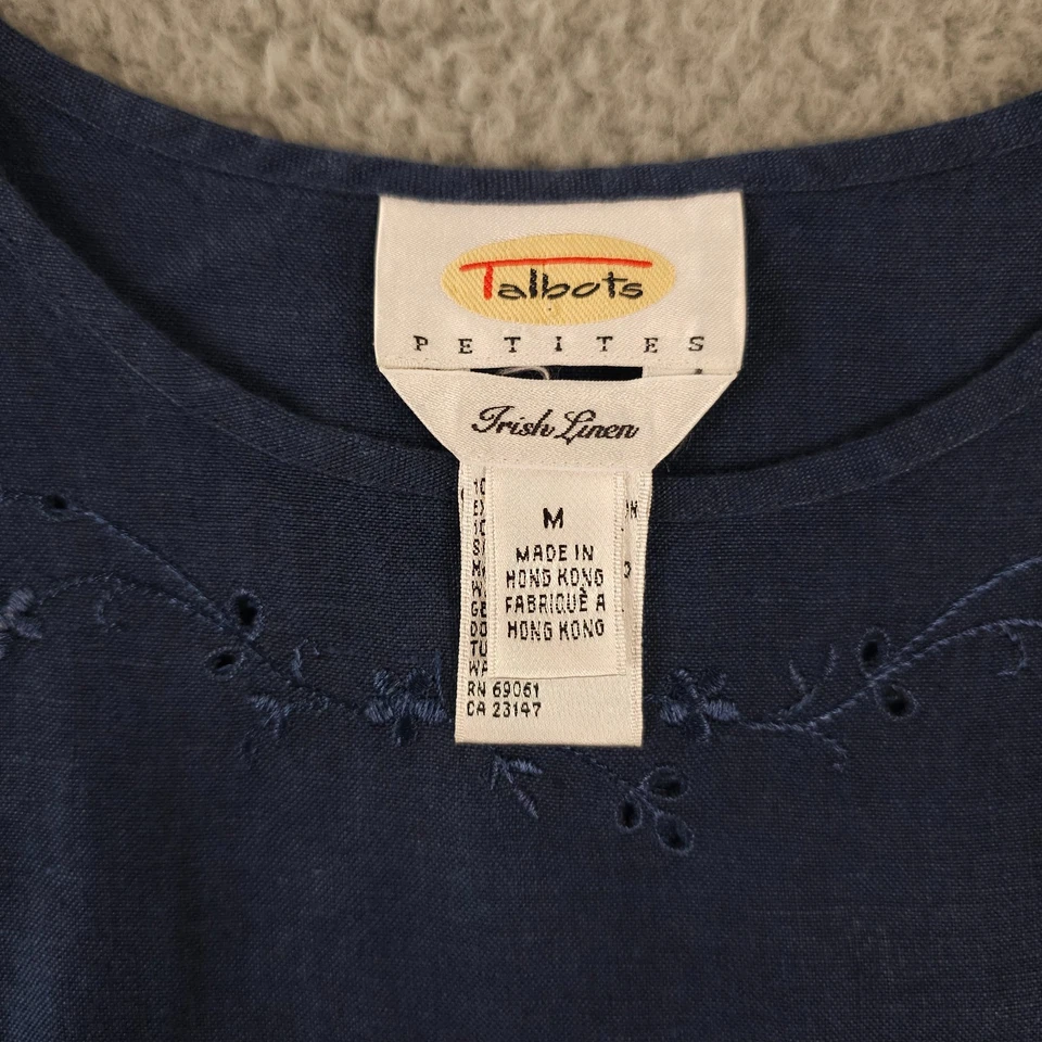 Camiseta sin mangas Talbots vintage para mujer MP azul bordado lino irlandés dobladillo festoneado Foto 3 de 4