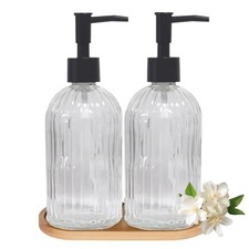 Clear Glass Hand and Dish Soap Dispenser Set, Plastic Pump, Bamboo Tray Clear