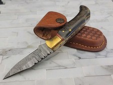 NEW 6.5" Damascus Steel Folding Hunting Knife Stag Horn Handle W/Leather Sheath