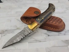 NEW 6.5" Damascus Steel Folding Hunting Knife Stag Horn Handle W/Leather Sheath