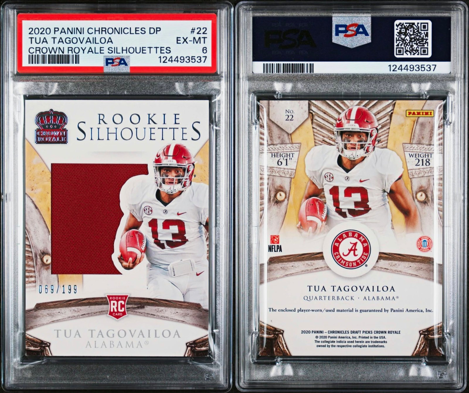 2020 Tua Tagovailoa Rookie Card   – Jersey Patch - 055/199 PSA 6