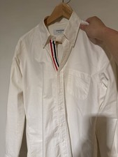Thom Browne White Cotton Button-Down Shirt Striped Trim Pocket Long Sleeve Men