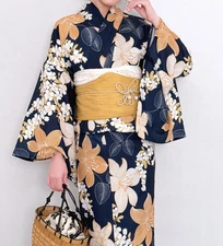Women’s Japanese Yukata Summer Kimono Cute Flower Print with Obi Set