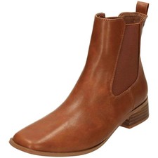 Ladies Wide Fit Boots Tan Chelsea Ankle Flat Comfy Pull On Shoes Dark Camel