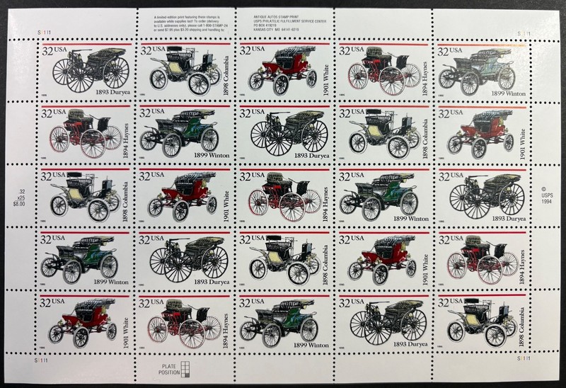 United States, 32 cent American Antique Autos, Sheet of 25, Scott 3023a MNH, ExF