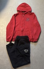 True Religion Men's Tracksuit Set Hoodie  Pants Size XL Black Maroon Hoodie
