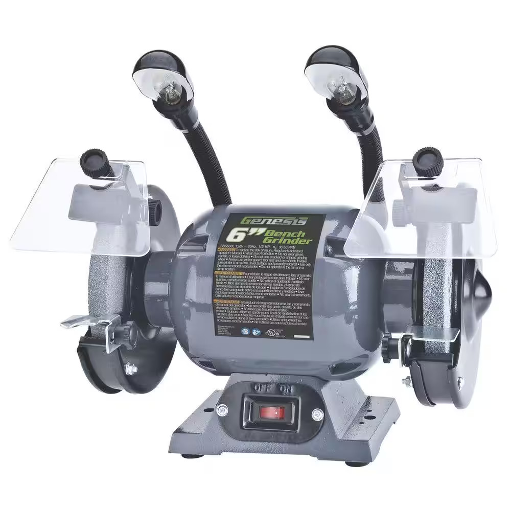 6 In. Bench Grinder with Dual, Flexible Lights and Eye Shield