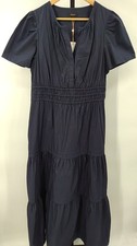 Quince Women 100% Organic Cotton Poplin Tiered Maxi Dress Navy Basic Sleeved L