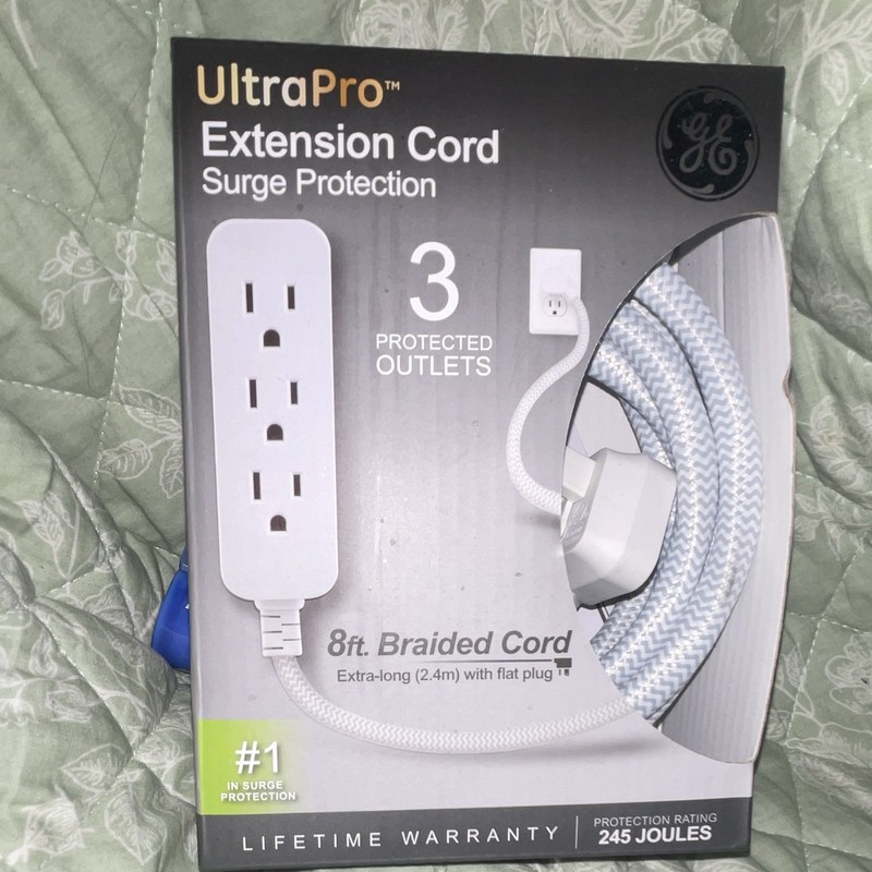 GE UltraPro 8ft Braided Extension Cord, 3 Outlets, Surge 245J, Flat Plug