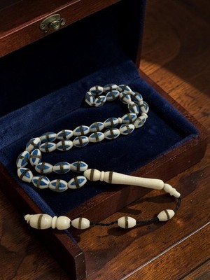 Blue Enamel Inlaid Camel Bone Prayer Beads Misbaha Tasbih Barley Oval Masterwork