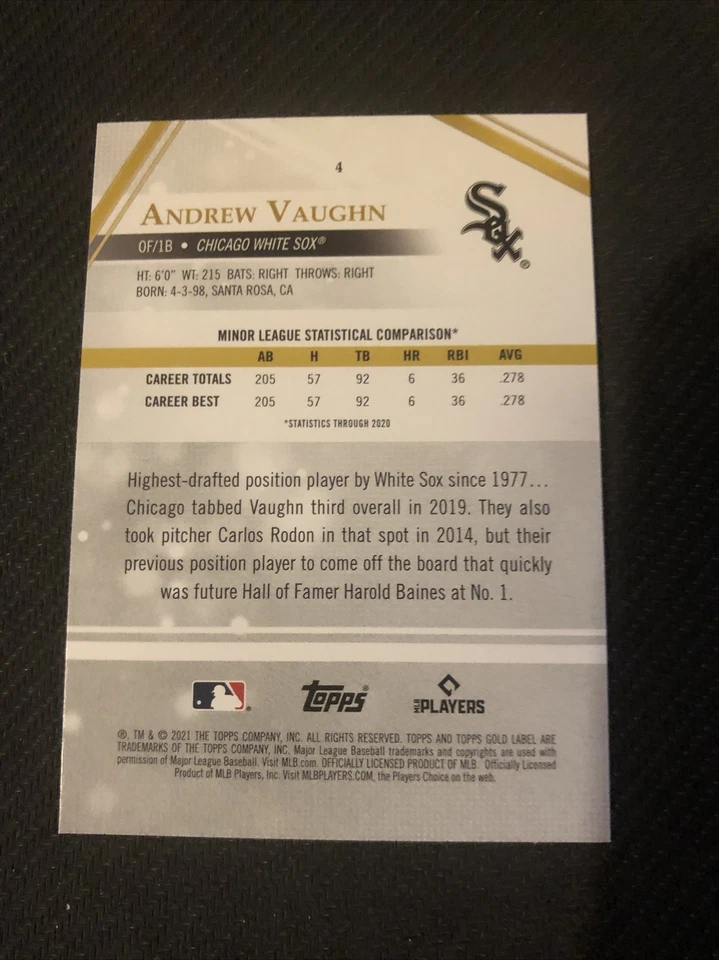 2021 Topps Gold Label Andrew Vaughn RC #4 Class 2 Chicago White Sox - Image 2 of 2