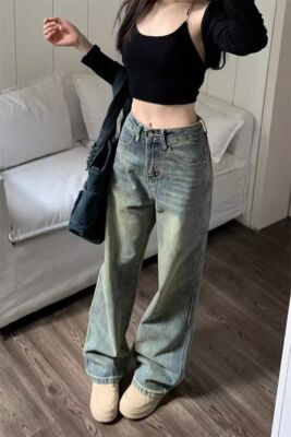 Damen Jeans Stretch Schlaghose Loose Denim High Waist Bootcut Baggy *NEU#