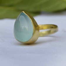 Pear Cab Aqua Chalcedony 925 Sterling Silver Yellow Gold Fill Ring