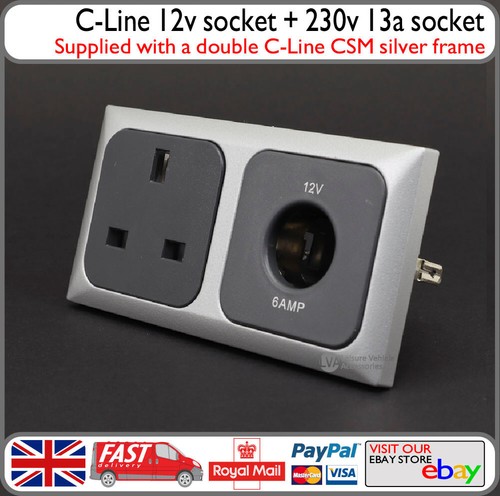 Motorhome C-Line 12v Cigarette Type Socket w/ 240v 13a Mains Socket Silver Frame - Picture 2 of 8